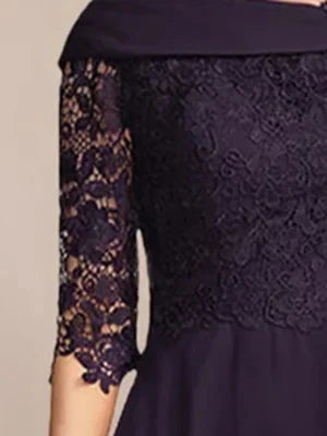 A-LinePrincess V-Neck Half Sleeves Tea Length Mother of the Bride & Groom Dresses with Lace Appliques