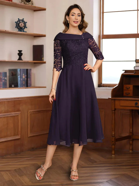 A-LinePrincess V-Neck Half Sleeves Tea Length Mother of the Bride & Groom Dresses with Lace Appliques