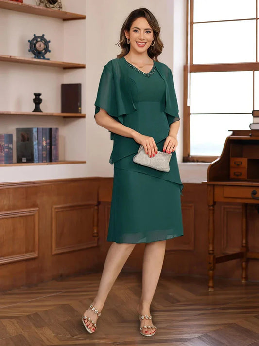 A-Line Princess V-Neck Knee Length Mother of the Bride & Groom Dresses with Jacket & Sequins