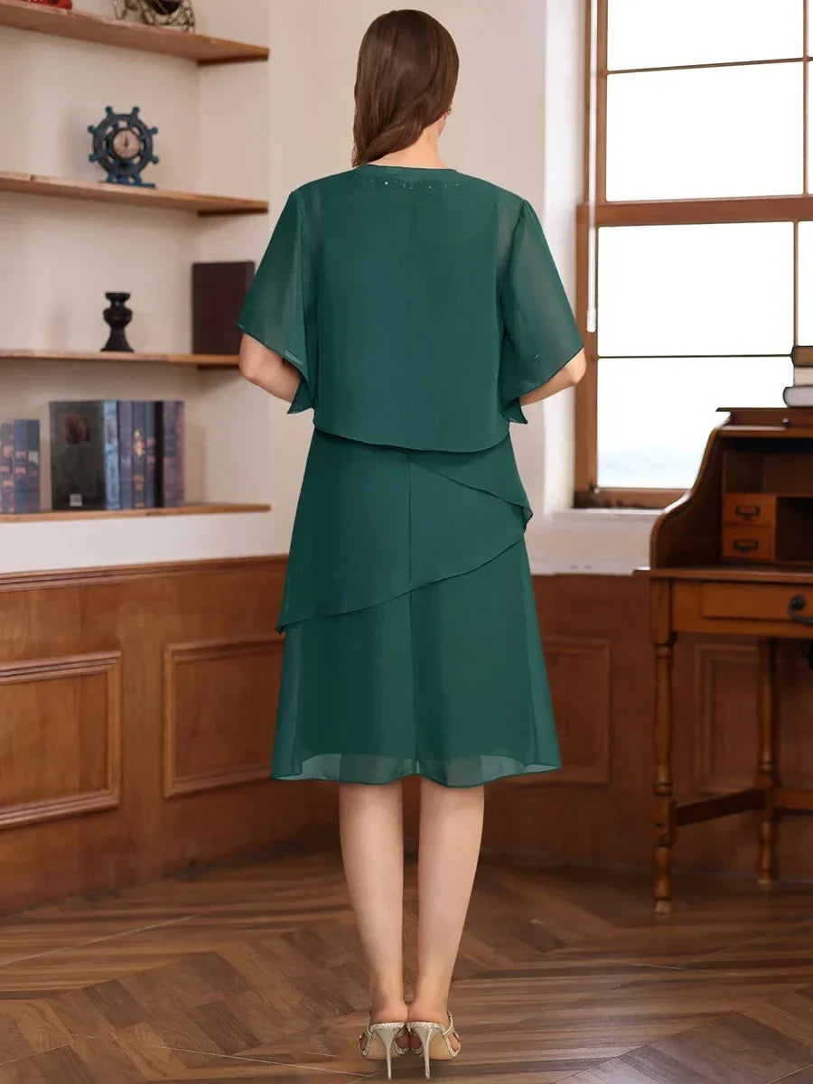 A-Line Princess V-Neck Knee Length Mother of the Bride & Groom Dresses with Jacket & Sequins