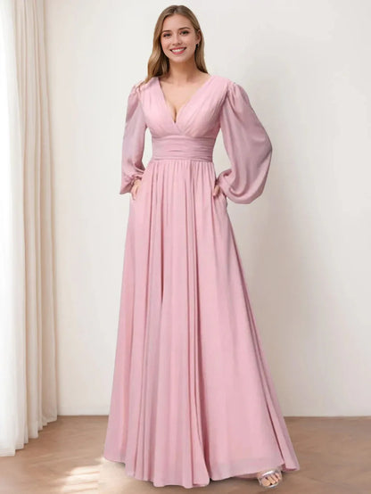 A-Line Princess V-Neck Long Sleeves Floor-Length Bridemaid Dresses With Split Side & Pockets