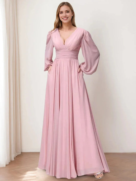 A-Line Princess V-Neck Long Sleeves Floor-Length Bridemaid Dresses With Split Side & Pockets