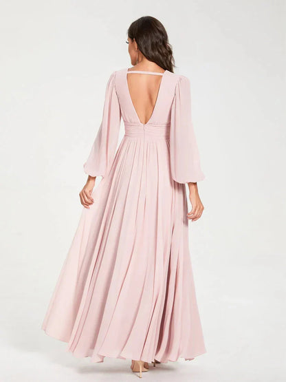 A-Line Princess V-Neck Long Sleeves Floor-Length Bridesmaid Dresses with Pockets & Split Side