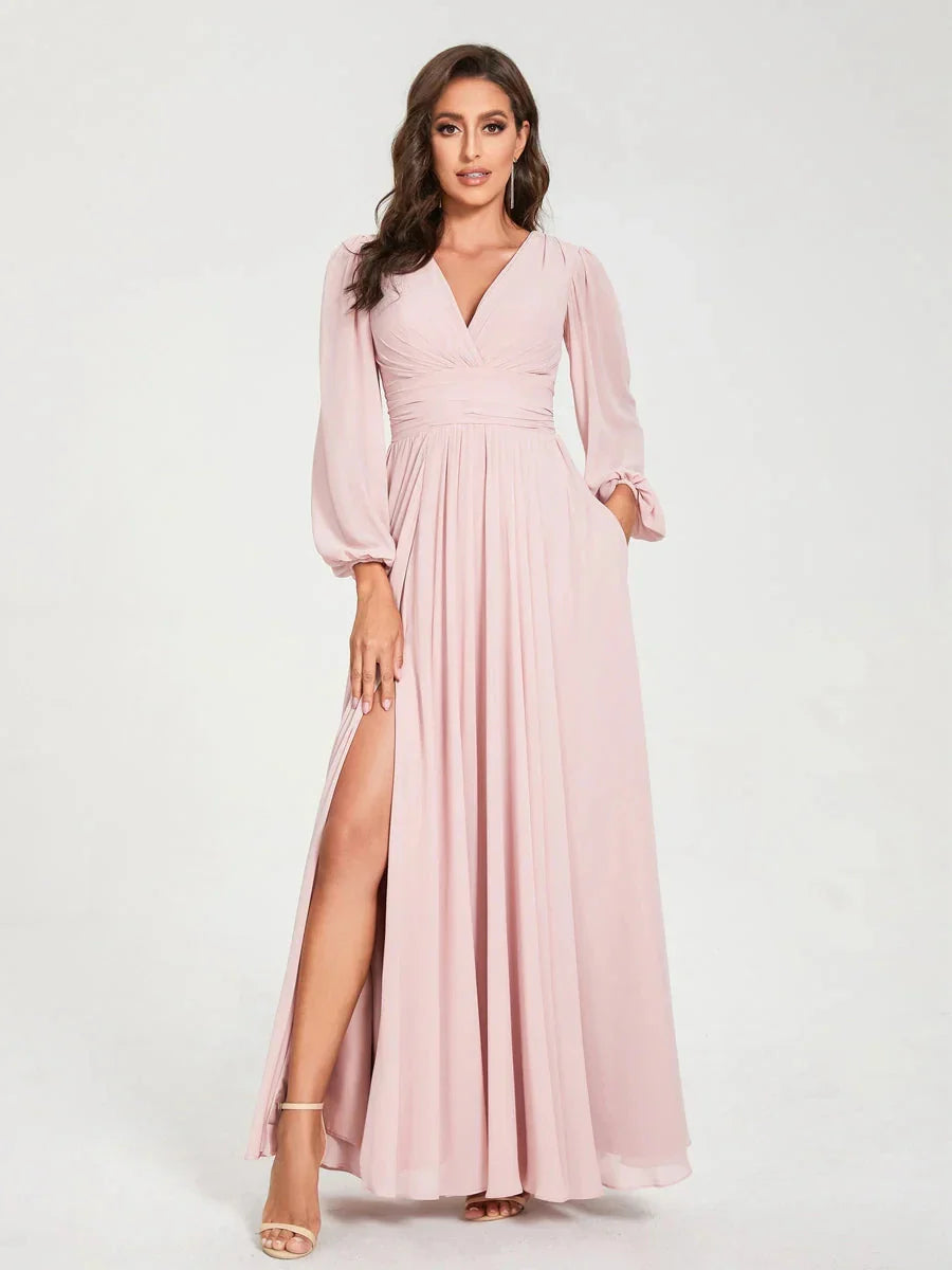 A-Line Princess V-Neck Long Sleeves Floor-Length Bridesmaid Dresses with Pockets & Split Side