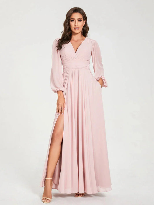 A-Line Princess V-Neck Long Sleeves Floor-Length Bridesmaid Dresses with Pockets & Split Side