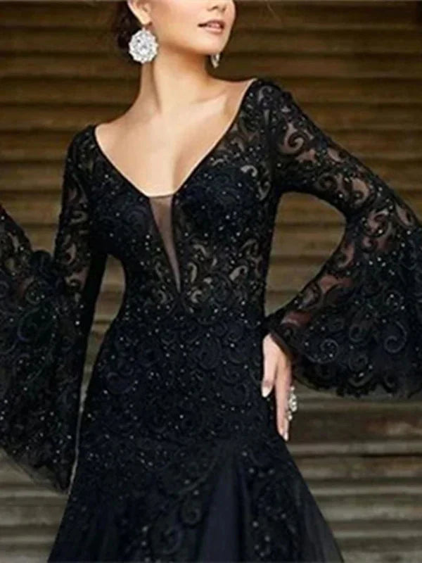 A-Line Princess V-Neck Long Sleeves Floor-Length Evening Dresses with Appliques