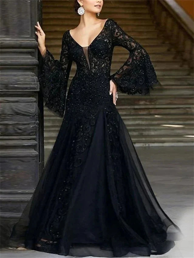 A-Line Princess V-Neck Long Sleeves Floor-Length Evening Dresses with Appliques