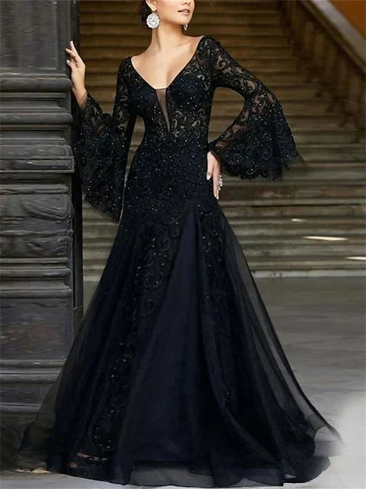 A-Line Princess V-Neck Long Sleeves Floor-Length Evening Dresses with Appliques