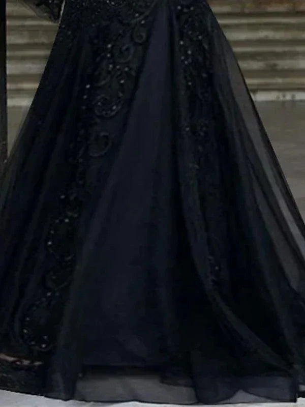A-Line Princess V-Neck Long Sleeves Floor-Length Evening Dresses with Appliques