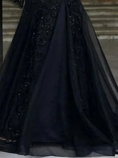 A-Line Princess V-Neck Long Sleeves Floor-Length Evening Dresses with Appliques