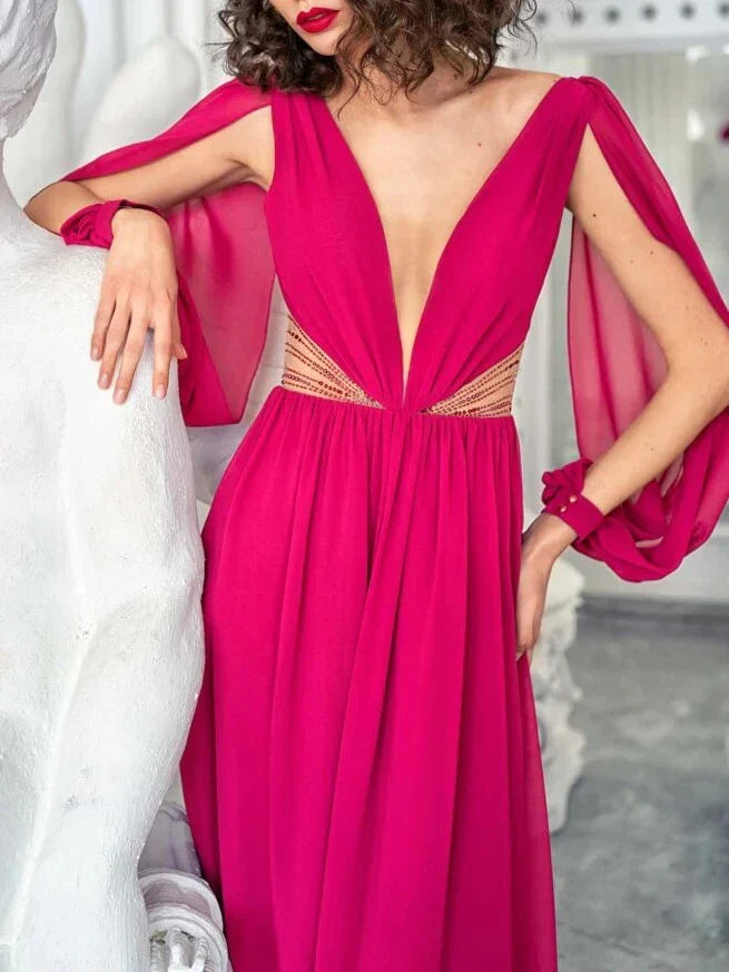 A-Line Princess V-Neck Long Sleeves Floor-Length Evening Dress with Watteau Train
