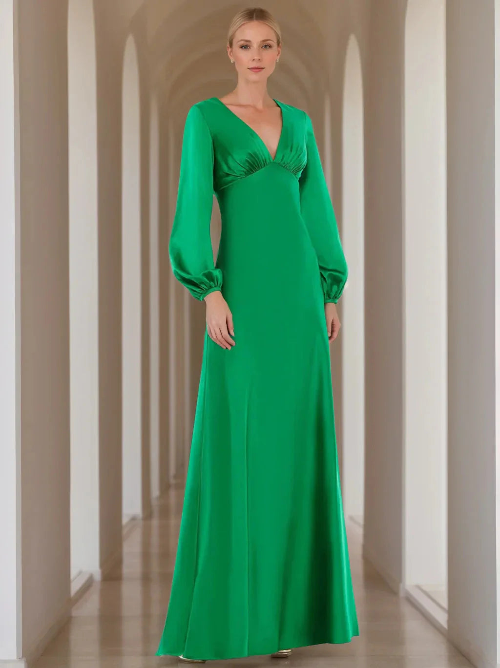 A-Line Princess V-Neck Long Sleeves Floor-Length Mother of the Bride Dresses with Ruffles