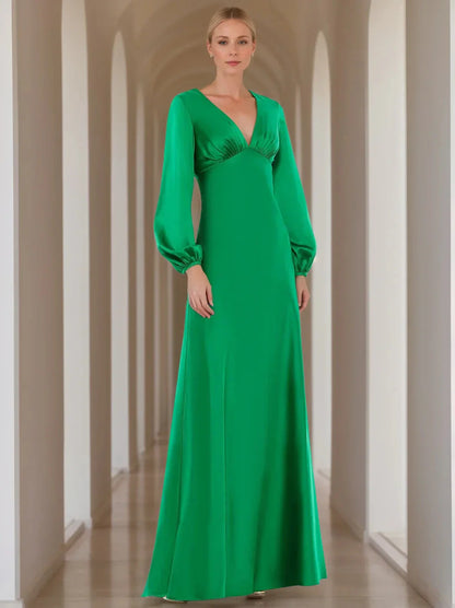 A-Line Princess V-Neck Long Sleeves Floor-Length Mother of the Bride Dresses with Ruffles