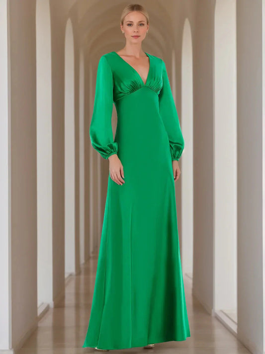 A-Line Princess V-Neck Long Sleeves Floor-Length Mother of the Bride Dresses with Ruffles