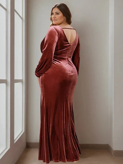 A-Line Princess V-Neck Long Sleeves Floor-Length Velvet Mother of the Bride Dresses with Ruffles