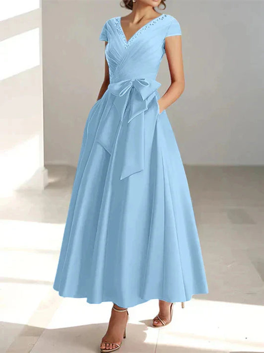 A-Line Princess V-Neck Short Sleeves Ankle-Length Mother of the Bride Dresses With Pockets & Ruffles