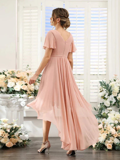 A-Line Princess V-Neck Short Sleeves Asymmetrical Chiffon Bridesmaid Dresses with Ruched
