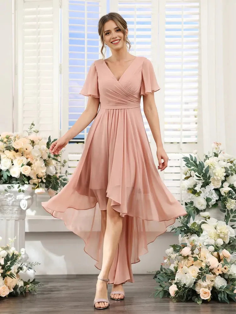 A-Line Princess V-Neck Short Sleeves Asymmetrical Chiffon Bridesmaid Dresses with Ruched