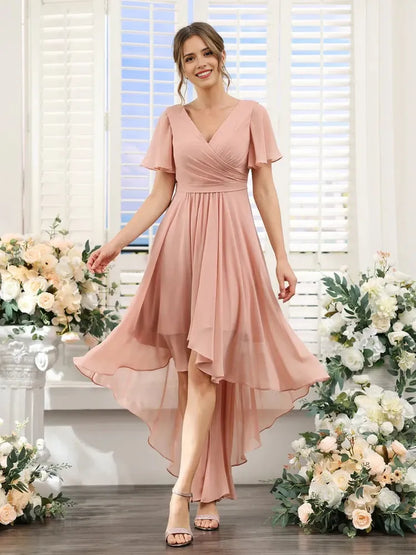 A-Line Princess V-Neck Short Sleeves Asymmetrical Chiffon Bridesmaid Dresses with Ruched