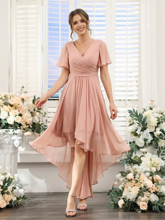 A-Line Princess V-Neck Short Sleeves Asymmetrical Chiffon Bridesmaid Dresses with Ruched