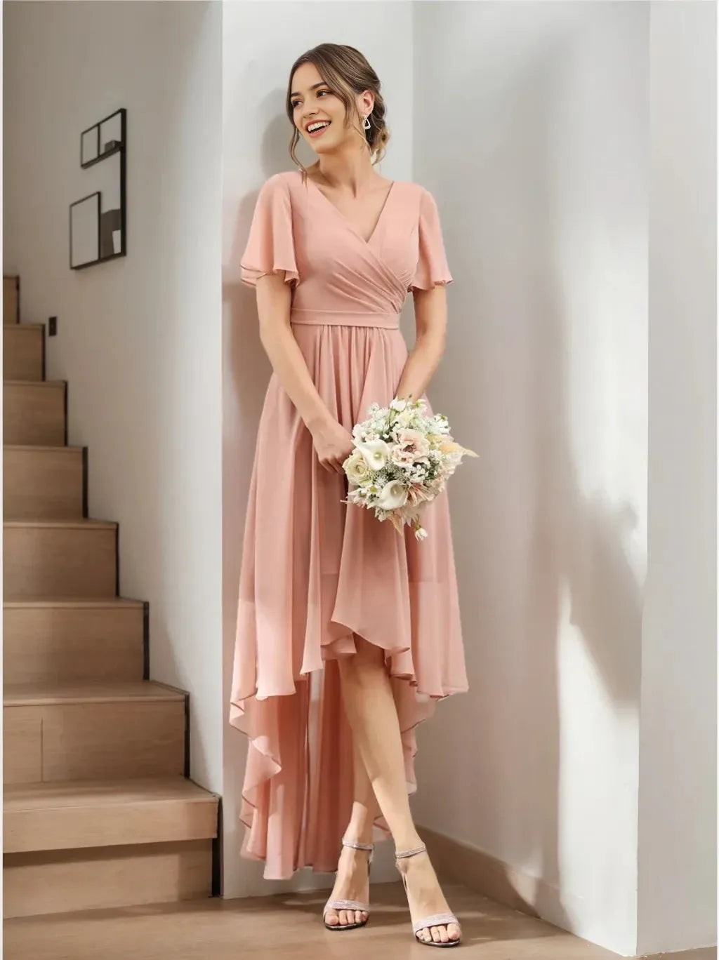 A-Line Princess V-Neck Short Sleeves Asymmetrical Chiffon Bridesmaid Dresses with Ruched