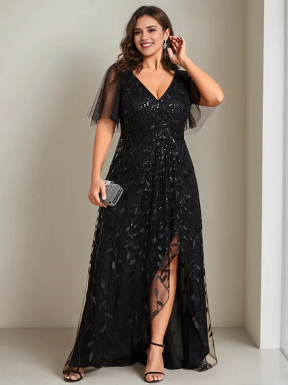 A-Line Princess V-Neck Short Sleeves Asymmetrical Mother Of The Bride Dresses with Sequins