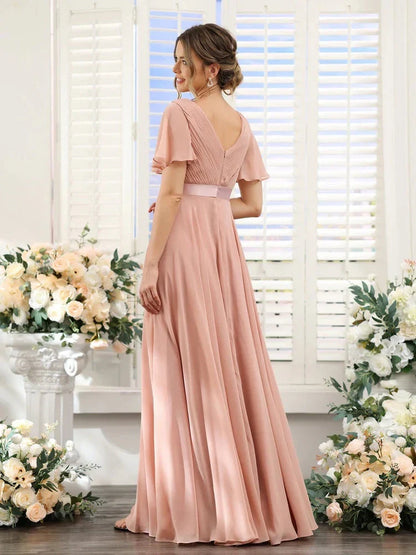 A-Line Princess V-Neck Short Sleeves Chiffon Bridesmaid Dresses with Pockets