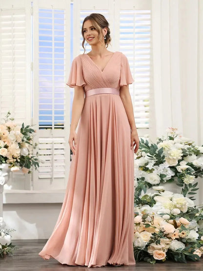 A-Line Princess V-Neck Short Sleeves Chiffon Bridesmaid Dresses with Pockets
