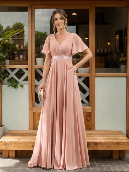 A-Line Princess V-Neck Short Sleeves Chiffon Bridesmaid Dresses with Pockets