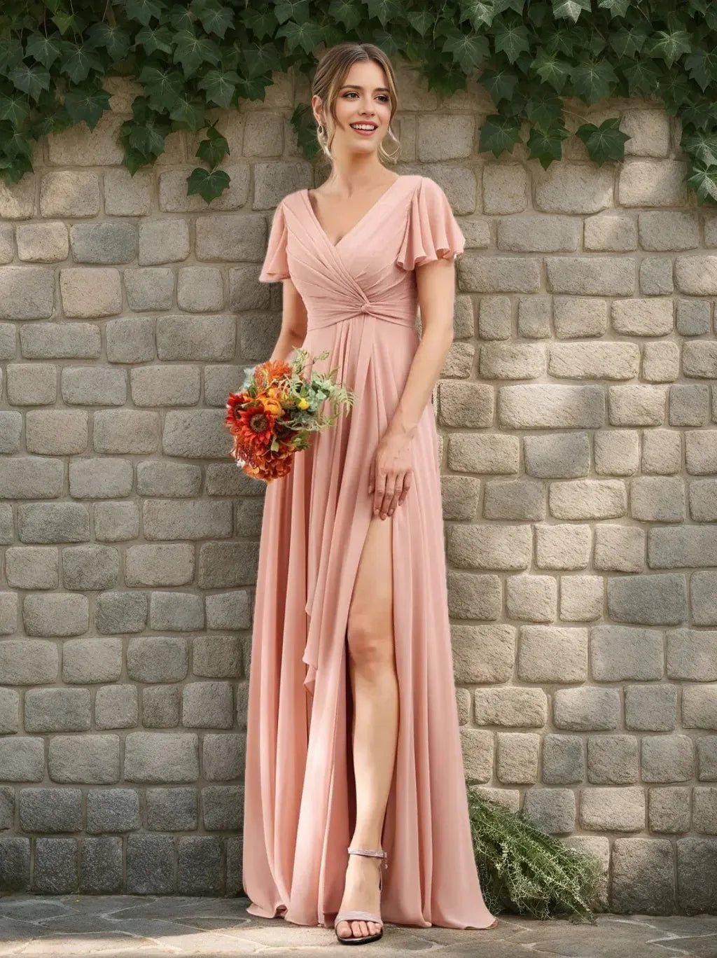 A-Line Princess V-Neck Short Sleeves Floor-Length Bridesmaid Dresses with Split Side
