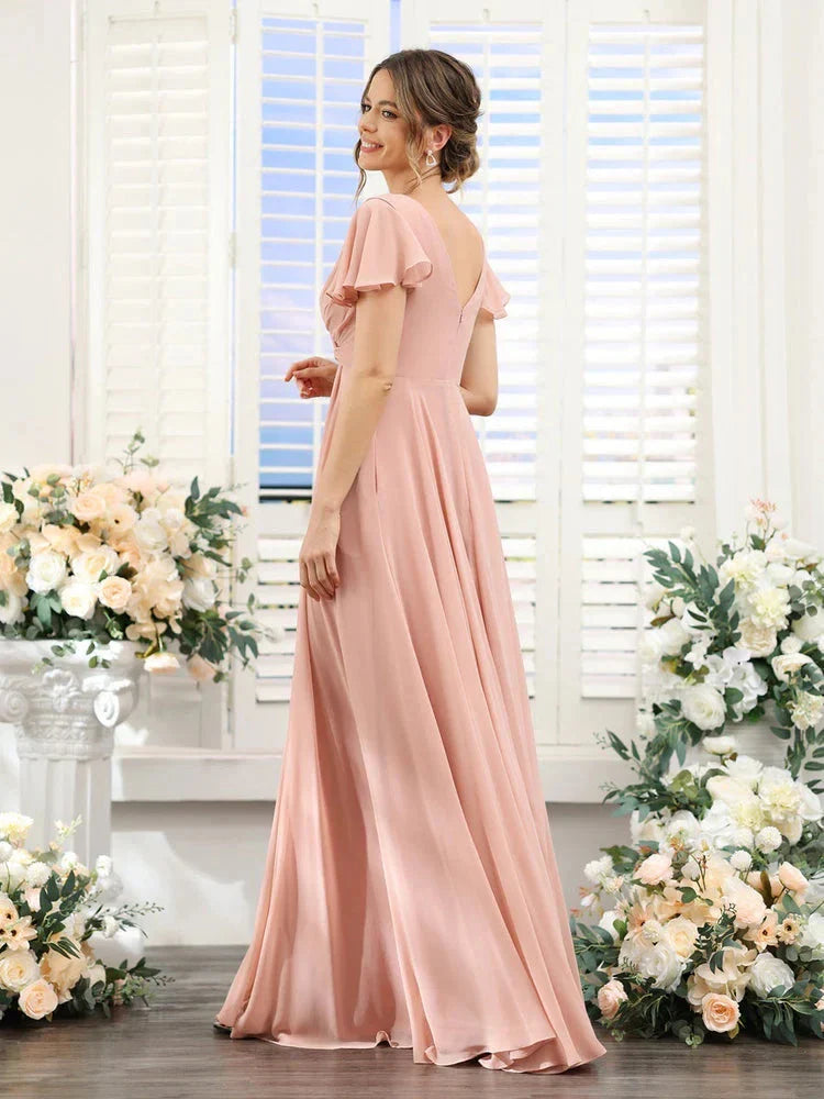 A-Line Princess V-Neck Short Sleeves Floor-Length Bridesmaid Dresses with Split Side
