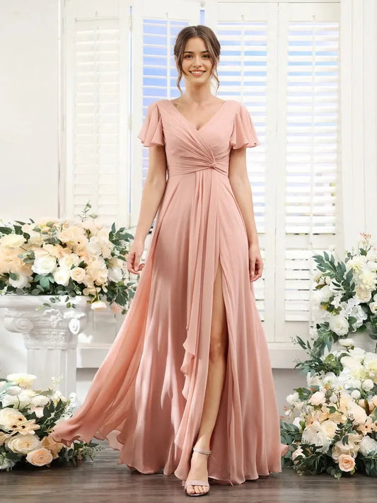 A-Line Princess V-Neck Short Sleeves Floor-Length Bridesmaid Dresses with Split Side