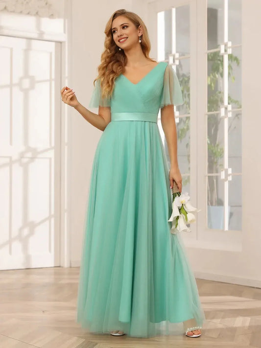 A-Line Princess V-Neck Short Sleeves Floor-Length Long Bridesmaid Dresses with Lace