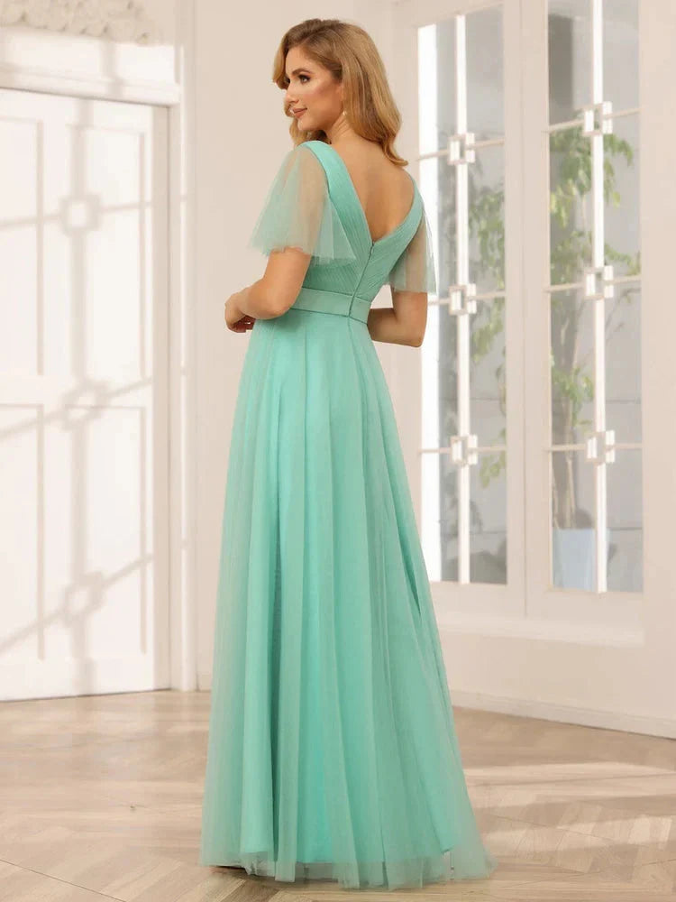 A-Line Princess V-Neck Short Sleeves Floor-Length Long Bridesmaid Dresses with Lace