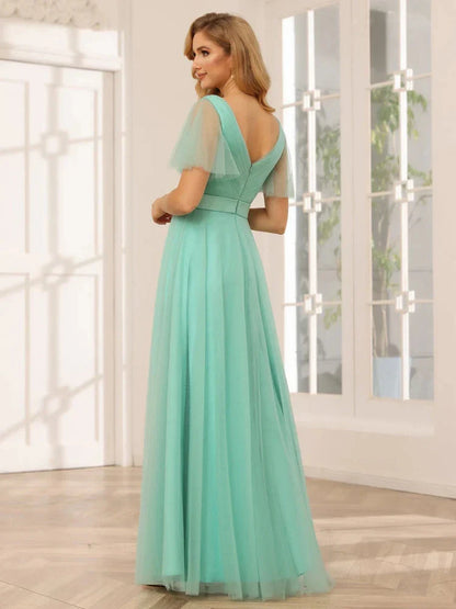 A-Line Princess V-Neck Short Sleeves Floor-Length Long Bridesmaid Dresses with Lace