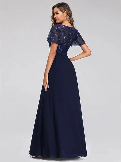 A-Line Princess V-Neck Short Sleeves Floor-Length Party Cocktail Dress with Appliques & Sequin