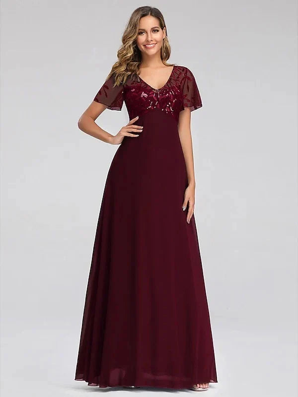 A-Line Princess V-Neck Short Sleeves Floor-Length Party Cocktail Dress with Appliques & Sequin