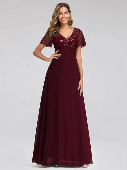 A-Line Princess V-Neck Short Sleeves Floor-Length Party Cocktail Dress with Appliques & Sequin