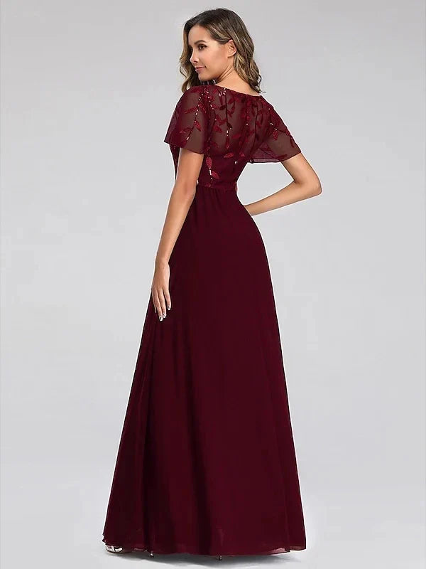 A-Line Princess V-Neck Short Sleeves Floor-Length Party Cocktail Dress with Appliques & Sequin
