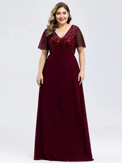 A-Line Princess V-Neck Short Sleeves Floor-Length Party Cocktail Dress with Appliques & Sequin
