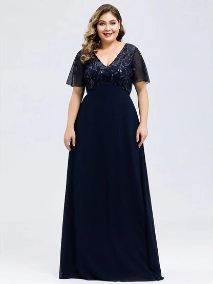 A-Line Princess V-Neck Short Sleeves Floor-Length Party Cocktail Dress with Appliques & Sequin