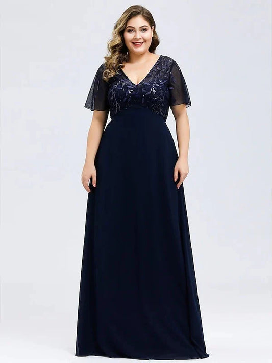 A-Line Princess V-Neck Short Sleeves Floor-Length Party Cocktail Dress with Appliques & Sequin