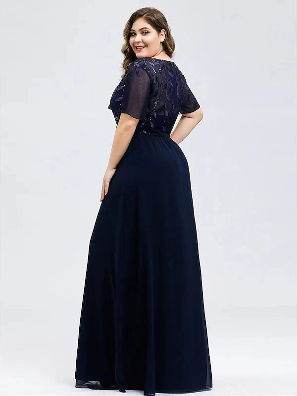 A-Line Princess V-Neck Short Sleeves Floor-Length Party Cocktail Dress with Appliques & Sequin