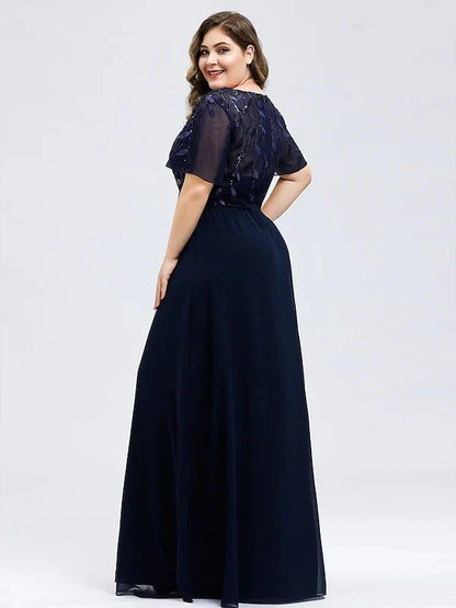 A-Line Princess V-Neck Short Sleeves Floor-Length Party Cocktail Dress with Appliques & Sequin