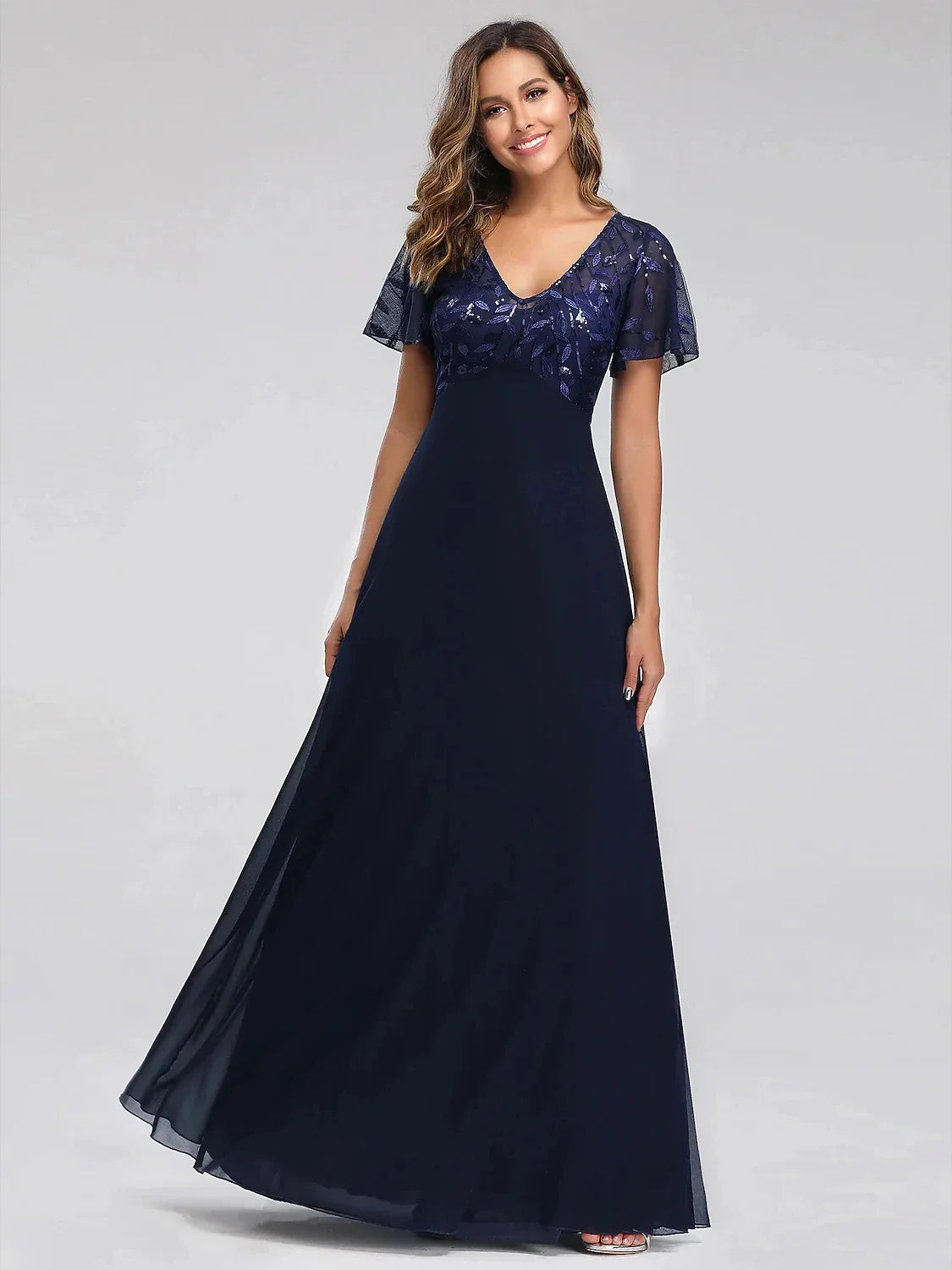 A-Line Princess V-Neck Short Sleeves Floor-Length Party Cocktail Dress with Appliques & Sequin
