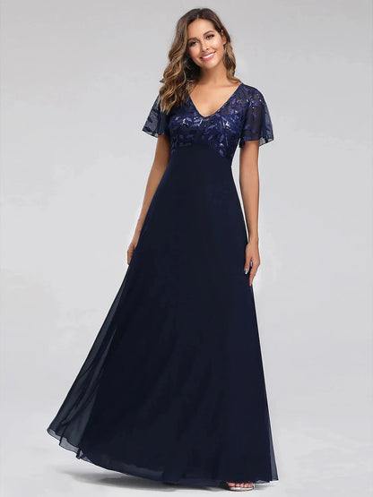 A-Line Princess V-Neck Short Sleeves Floor-Length Party Cocktail Dress with Appliques & Sequin