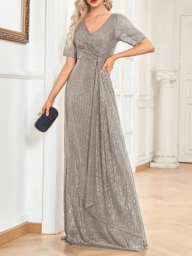 A-Line Princess V-Neck Short Sleeves Floor-Length Party Cocktail Dress with Sequin