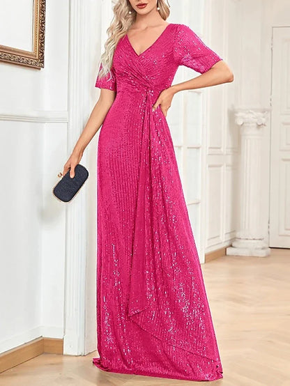 A-Line Princess V-Neck Short Sleeves Floor-Length Party Cocktail Dress with Sequin