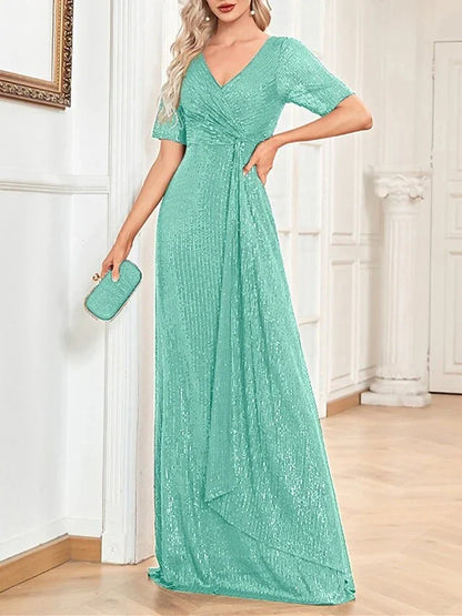 A-Line Princess V-Neck Short Sleeves Floor-Length Party Cocktail Dress with Sequin