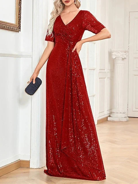 A-Line Princess V-Neck Short Sleeves Floor-Length Party Cocktail Dress with Sequin